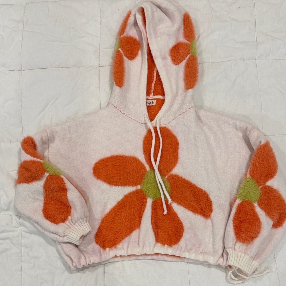 POL Floral Hooded Sweater with Orange and Green Accents